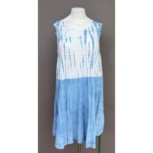 Island Beach Tie Dye Dress L/XL Blue White Embroidered Lyocell Sleeveless Tunic